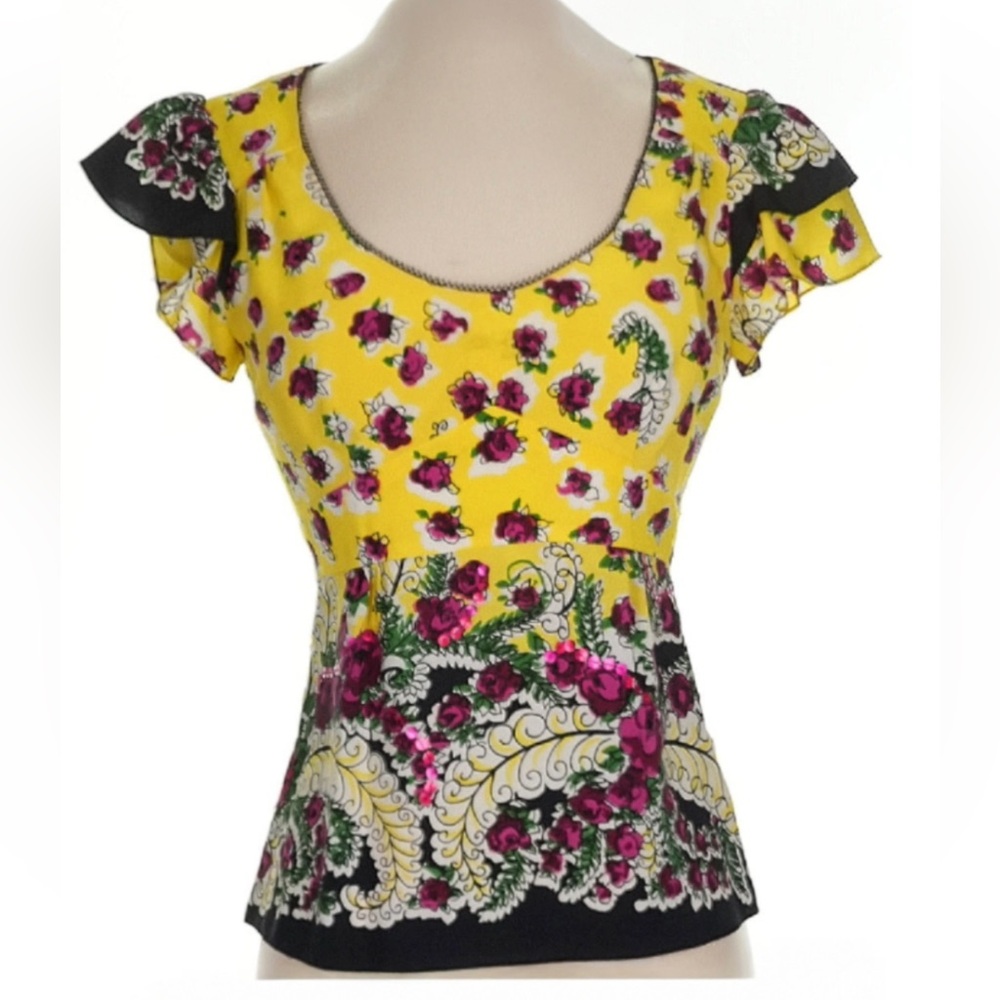 Nanette Lepore Floral Yellow top - button missing 100 percent silk